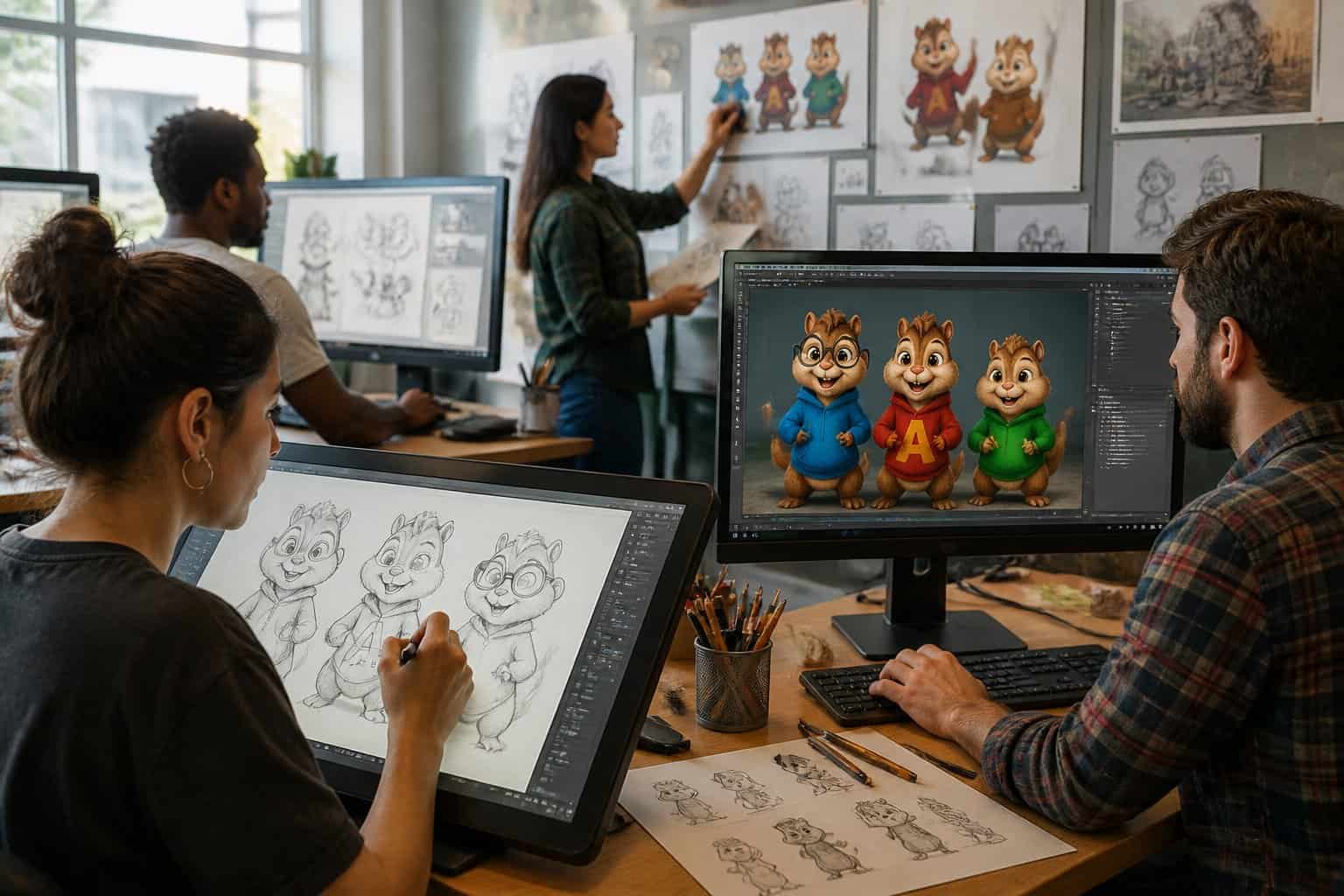 A team of artists and animators working together in a bright studio, creating and designing animated chipmunk characters using digital tablets and computers.