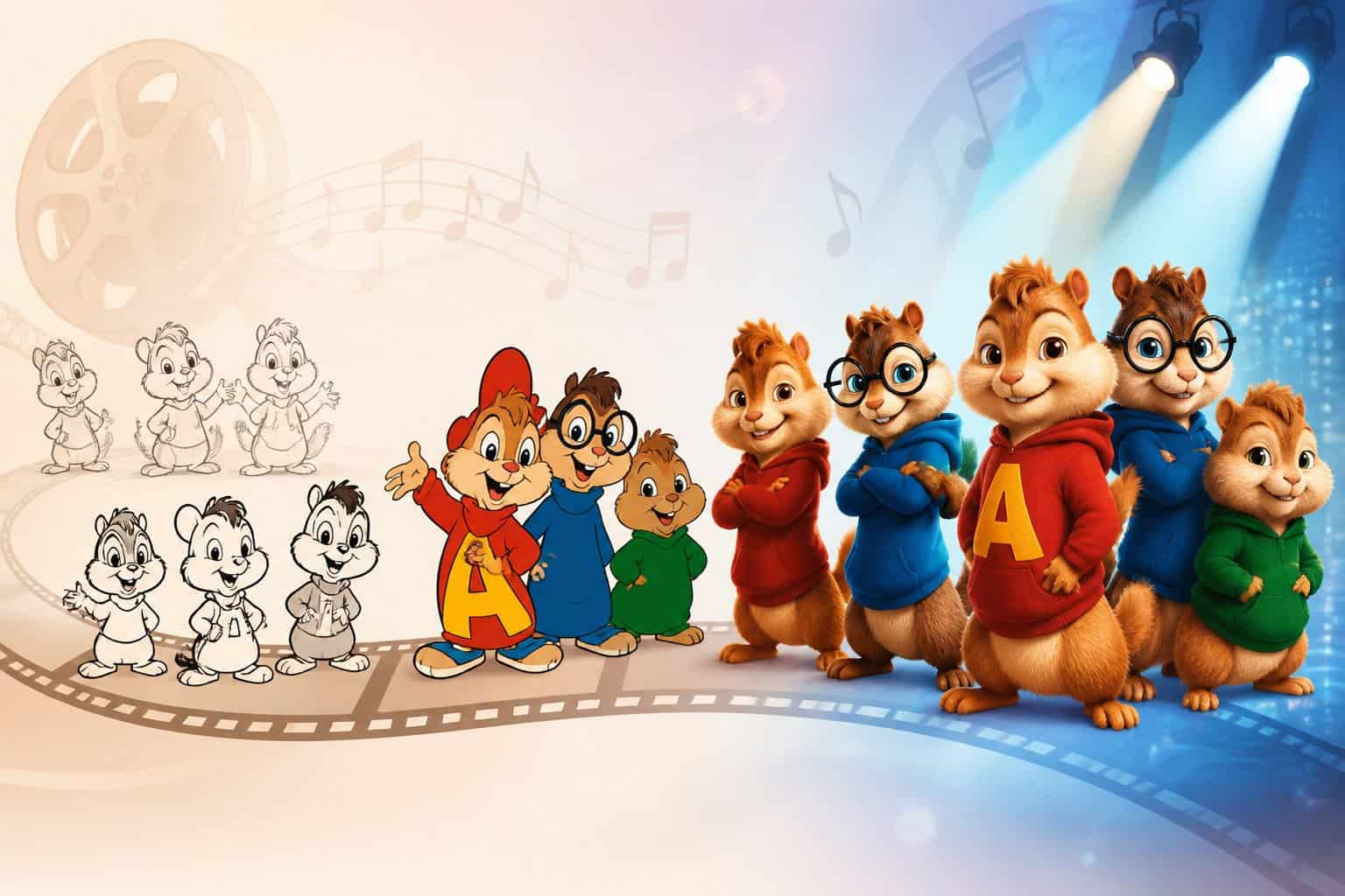 Illustration showing the evolution of animated chipmunks characters from early sketches to modern designs in a timeline format.