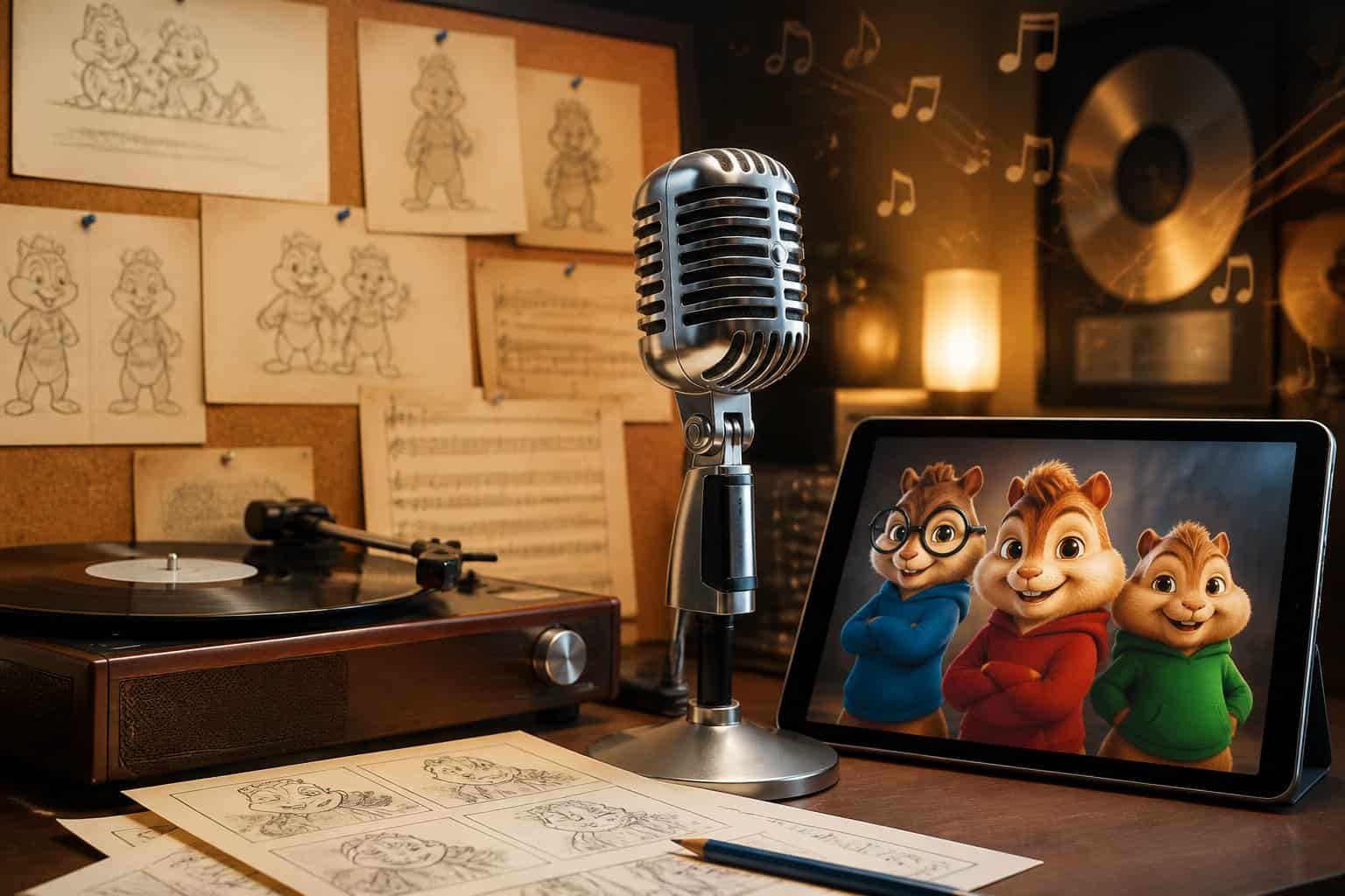 A studio scene with a vintage microphone, a vinyl record player, and a tablet showing animated chipmunk characters surrounded by music and animation sketches.