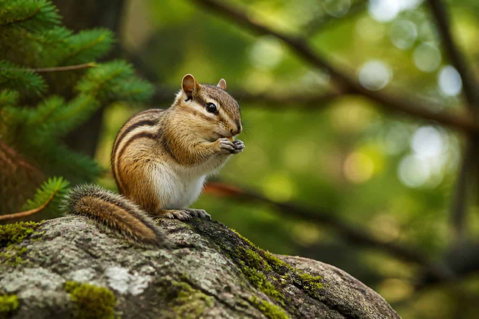 A chipmunk sitting on a tree branch in a green forest, looking alert with sunlight filtering through the leaves.