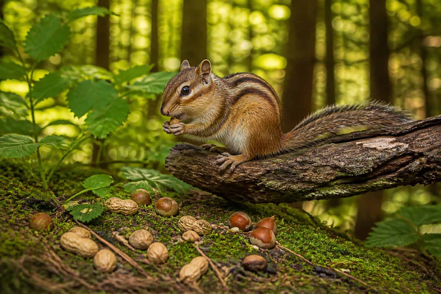 A chipmunk sitting on a tree branch in a forest with nuts and green leaves around.