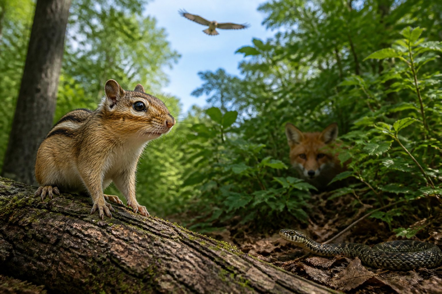 A chipmunk in a forest looks alert as a hawk flies overhead and a snake is hidden in the bushes nearby.