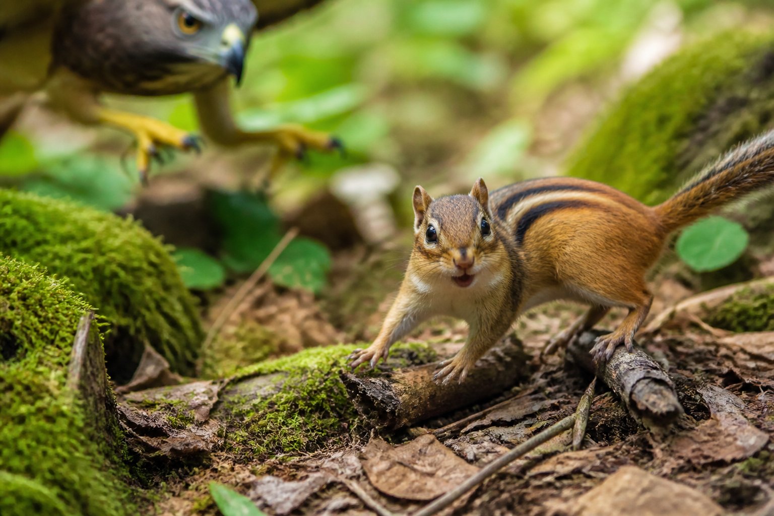 A chipmunk on a forest floor looking startled and retreating from a nearby predator's shadow among green leaves and sunlight.