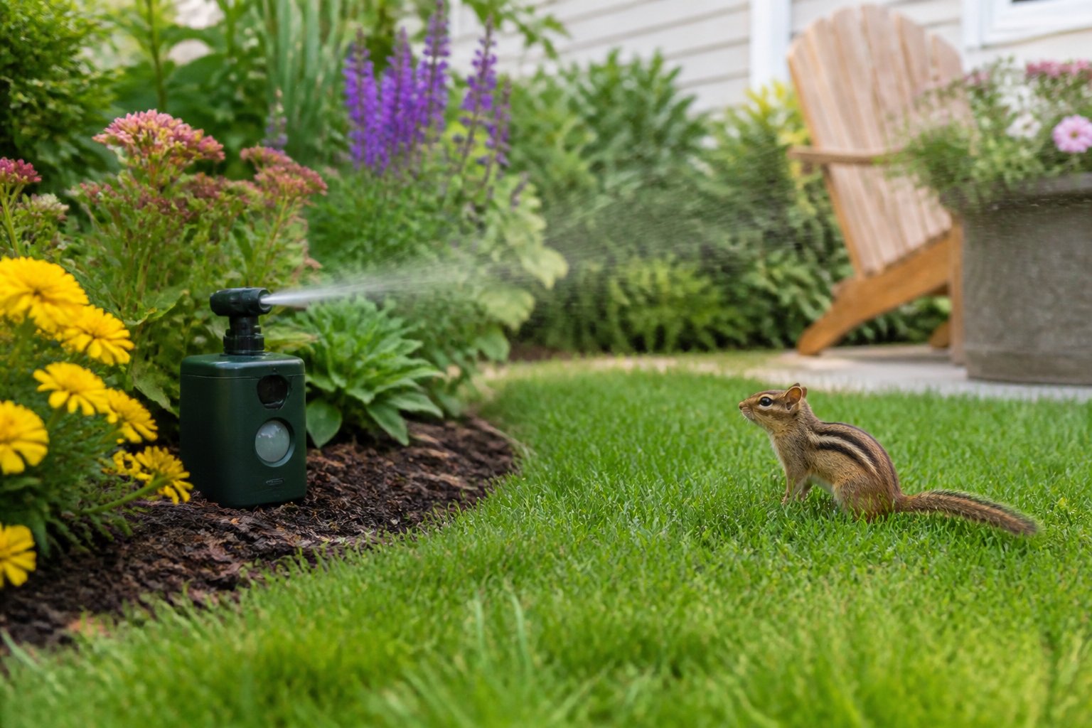 A chipmunk hesitantly approaches a motion-activated sprinkler in a green backyard garden with flowers and shrubs.