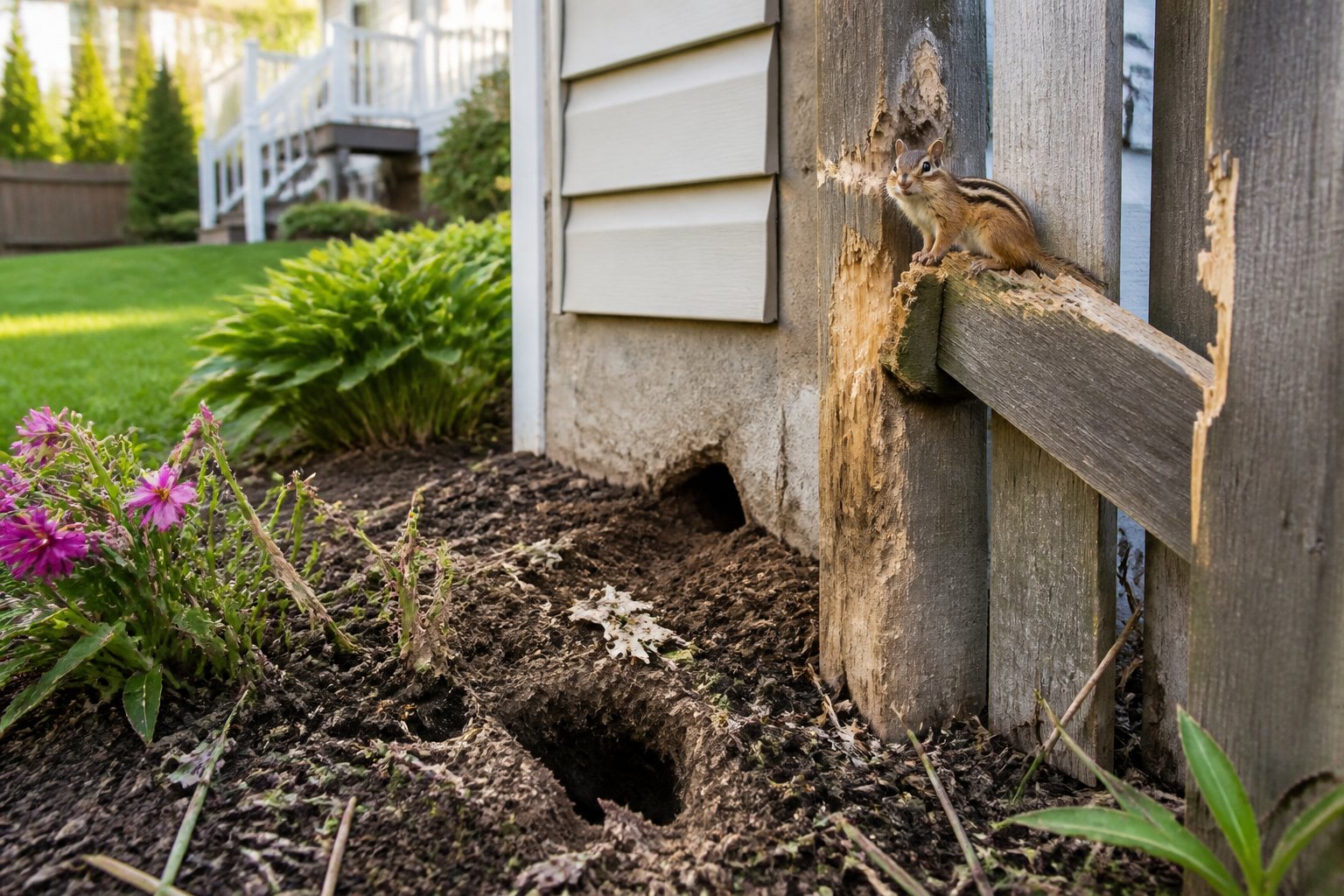 A chipmunk near a wooden fence with visible chew marks and disturbed soil in a backyard garden.