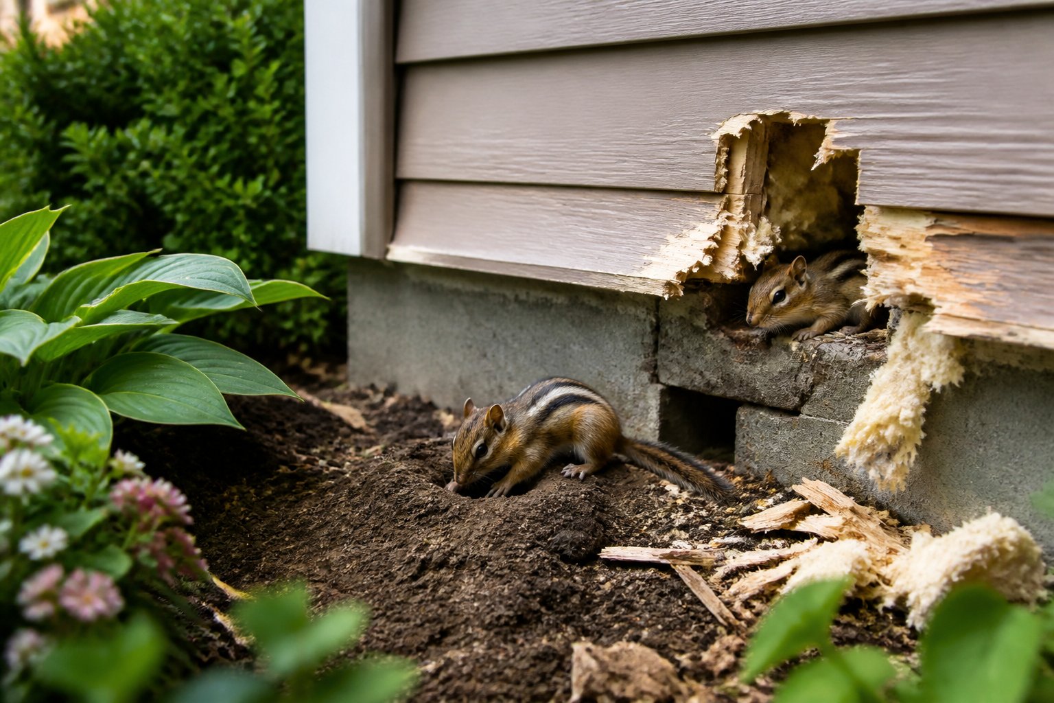 A suburban house exterior with chipmunks digging near the foundation and visible damage to wooden siding and insulation.