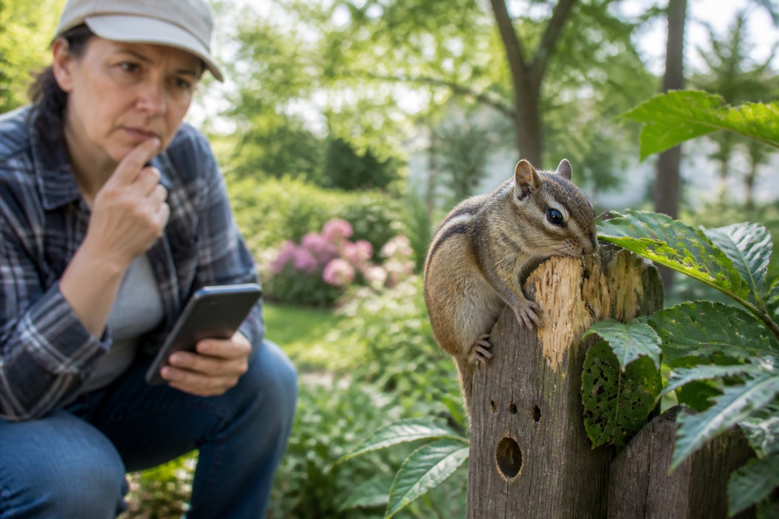 A person observing a chipmunk chewing on a wooden fence post in a garden, assessing minor damage caused by the animal.