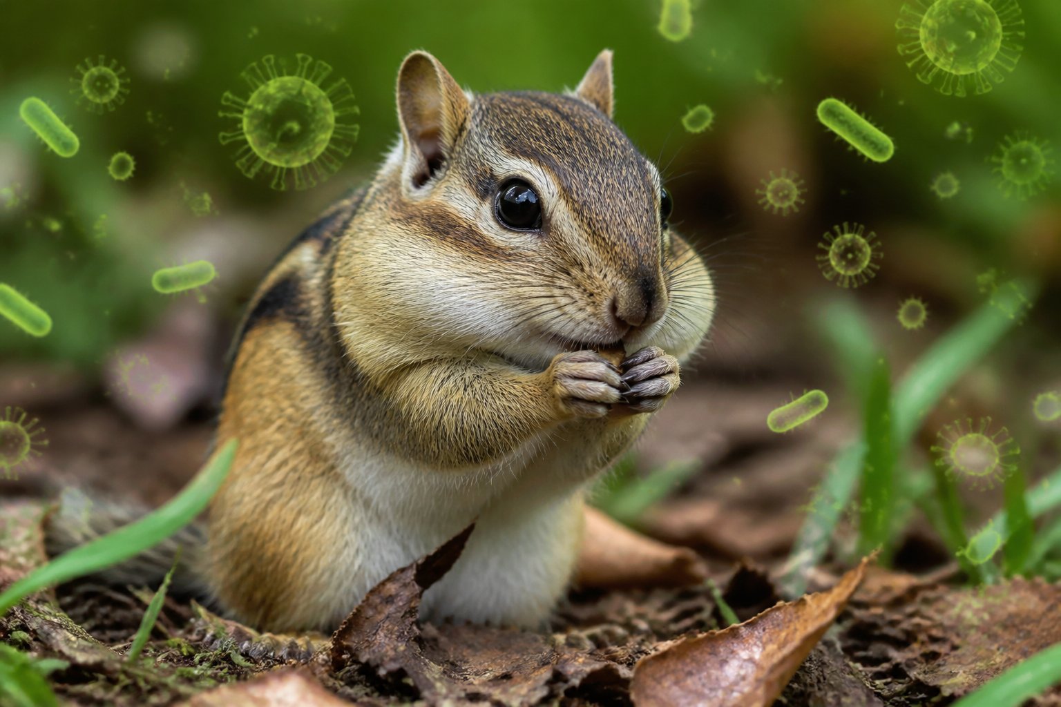 Close-up of a chipmunk on the forest floor with small glowing particles around it representing germs.