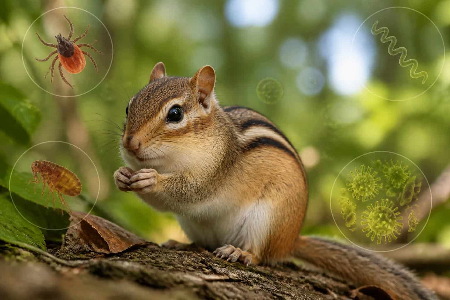 A chipmunk sitting on a tree branch in a forest with subtle illustrations of bacteria and ticks blended into the background.