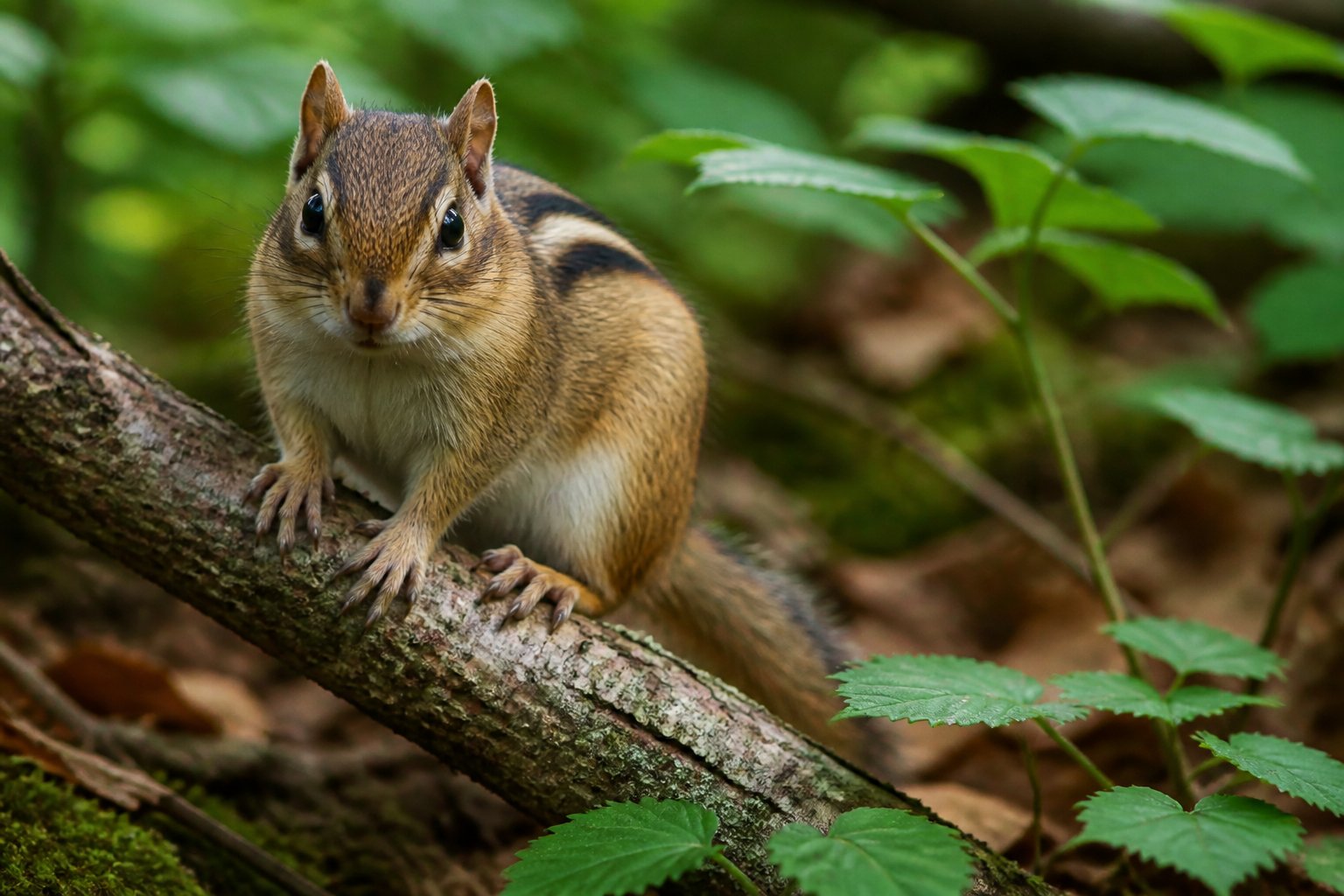 Close-up of a chipmunk sitting on a tree branch in a forest with green leaves around it.