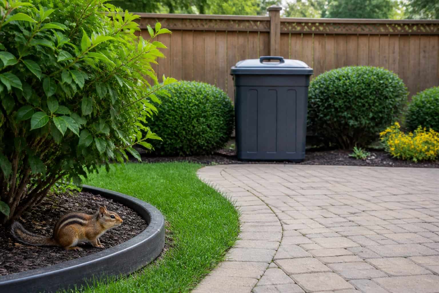 A chipmunk near a garden in a suburban backyard with a wooden fence and secured trash container in the background.