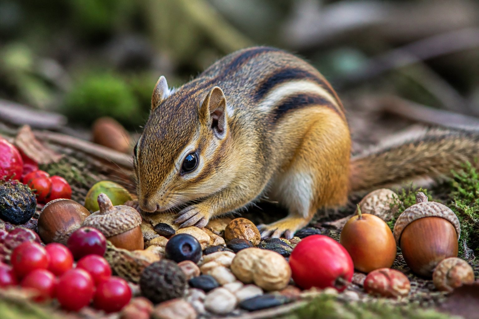 A chipmunk foraging on the forest floor surrounded by nuts, seeds, berries, and small fruits.