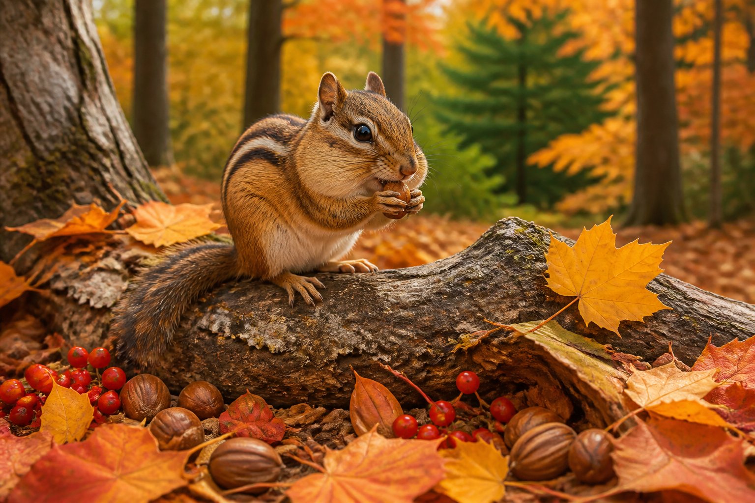 A chipmunk eating a nut on a tree branch surrounded by colorful autumn leaves and forest floor with acorns and berries.