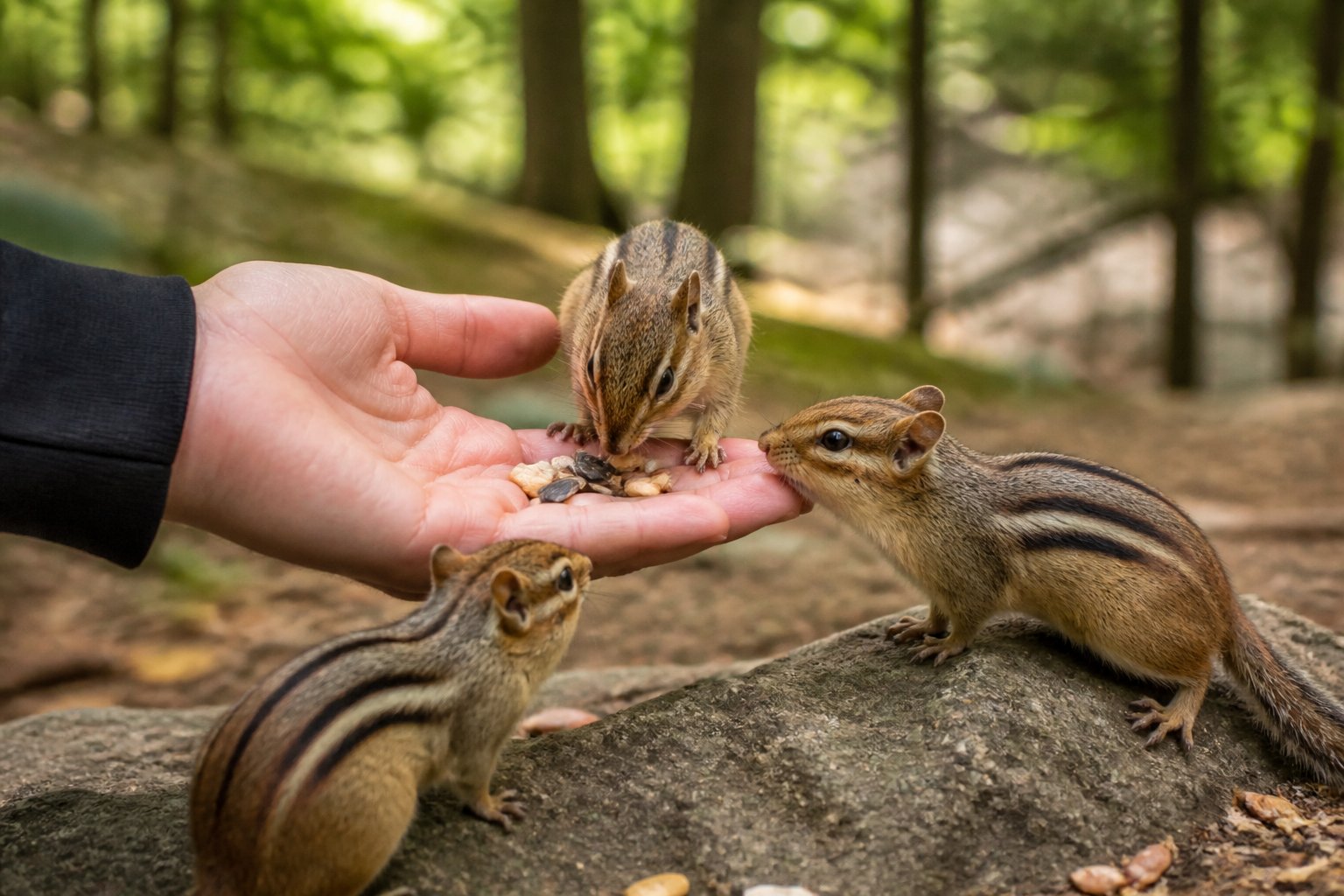 A person feeding chipmunks small seeds and nuts in a forest setting with several chipmunks eating from the hand.