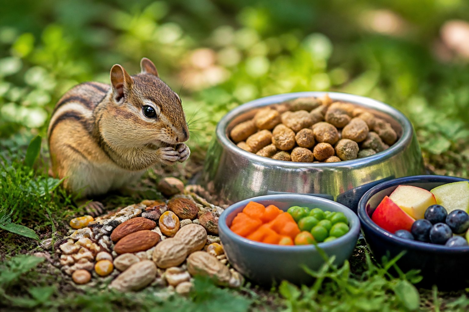 A young chipmunk eating seeds and nuts outdoors next to bowls of pet food including kibble, vegetables, and fruits.