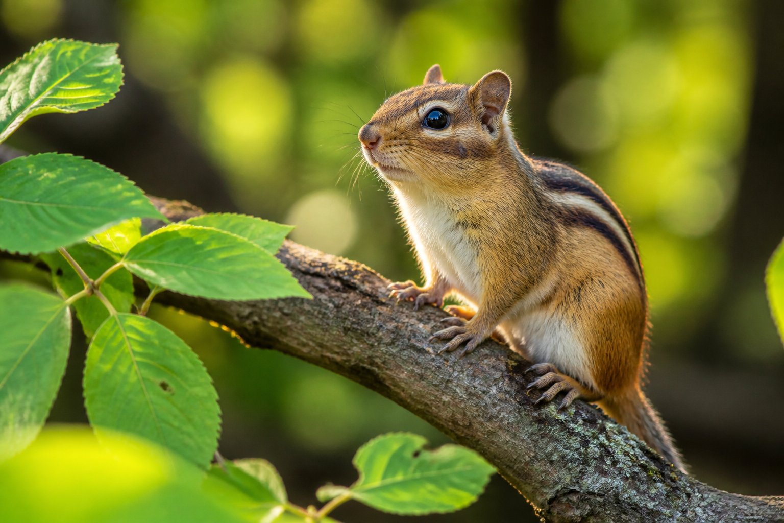 A chipmunk sitting on a tree branch in a forest with green leaves and sunlight filtering through.