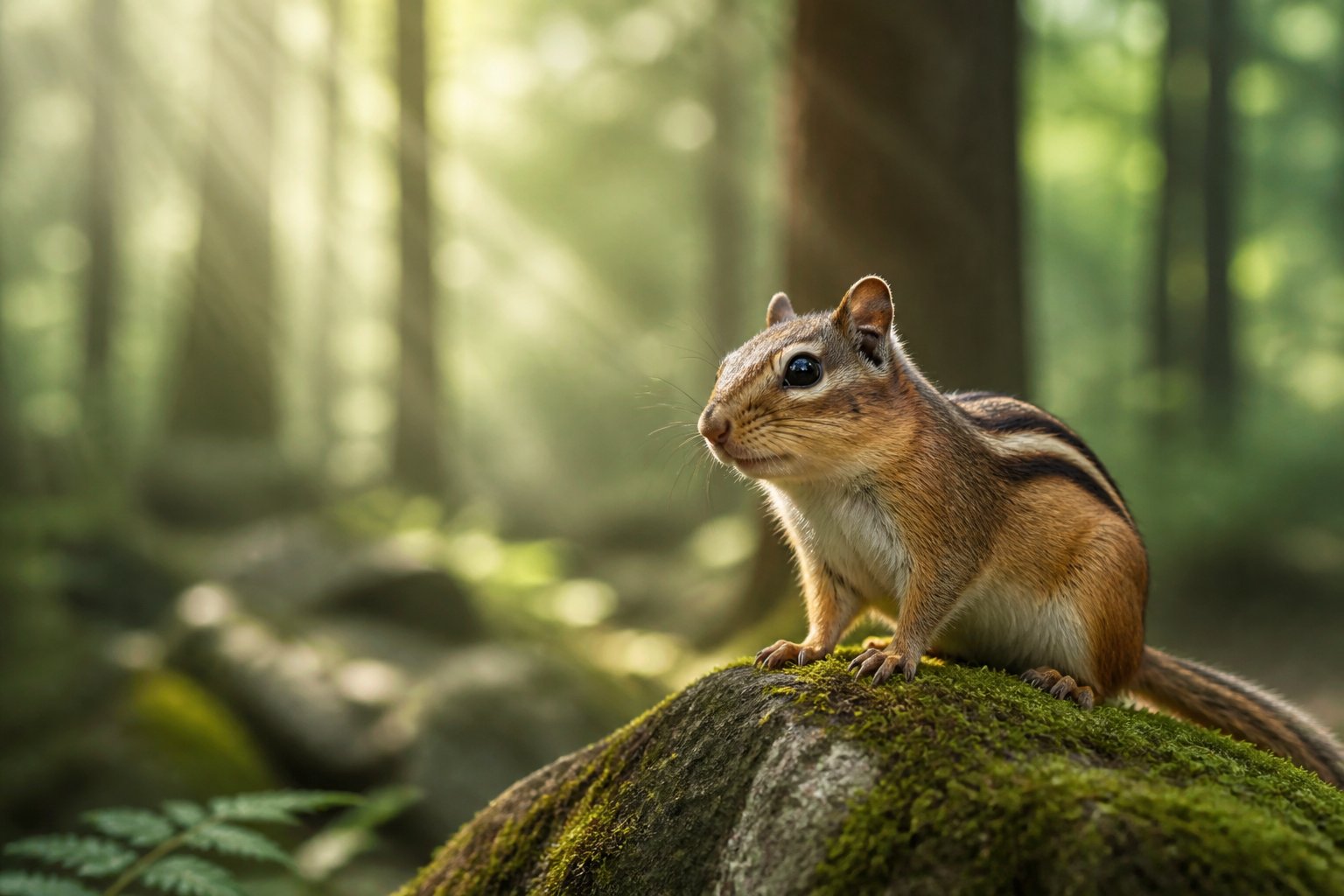 A chipmunk sitting on a mossy rock in a peaceful forest with sunlight filtering through the trees.