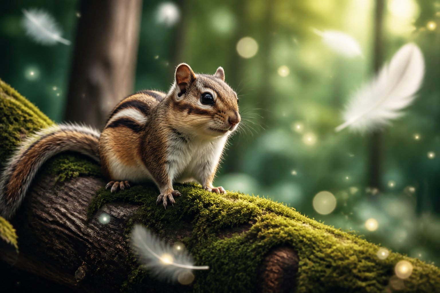 A chipmunk sitting on a mossy tree branch in a green forest with soft sunlight and floating light orbs nearby.