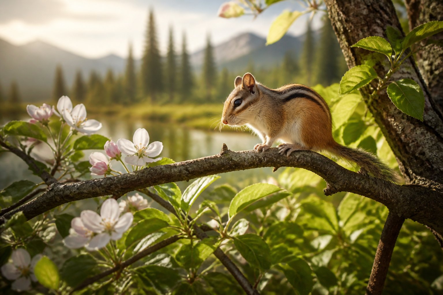 A chipmunk sitting on a tree branch surrounded by green leaves and soft sunlight in a peaceful natural setting.