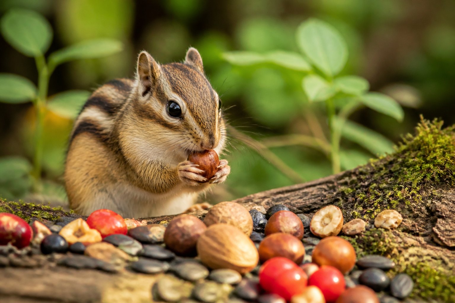 A chipmunk eating nuts and berries in a forest setting surrounded by green plants.