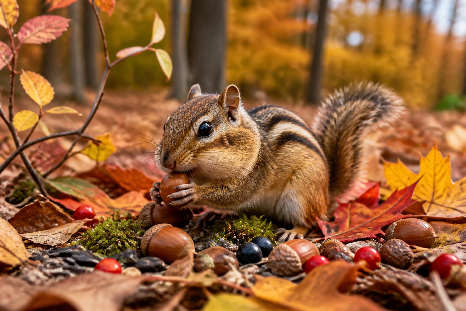 A chipmunk foraging on the forest floor among fallen leaves and nuts during autumn.