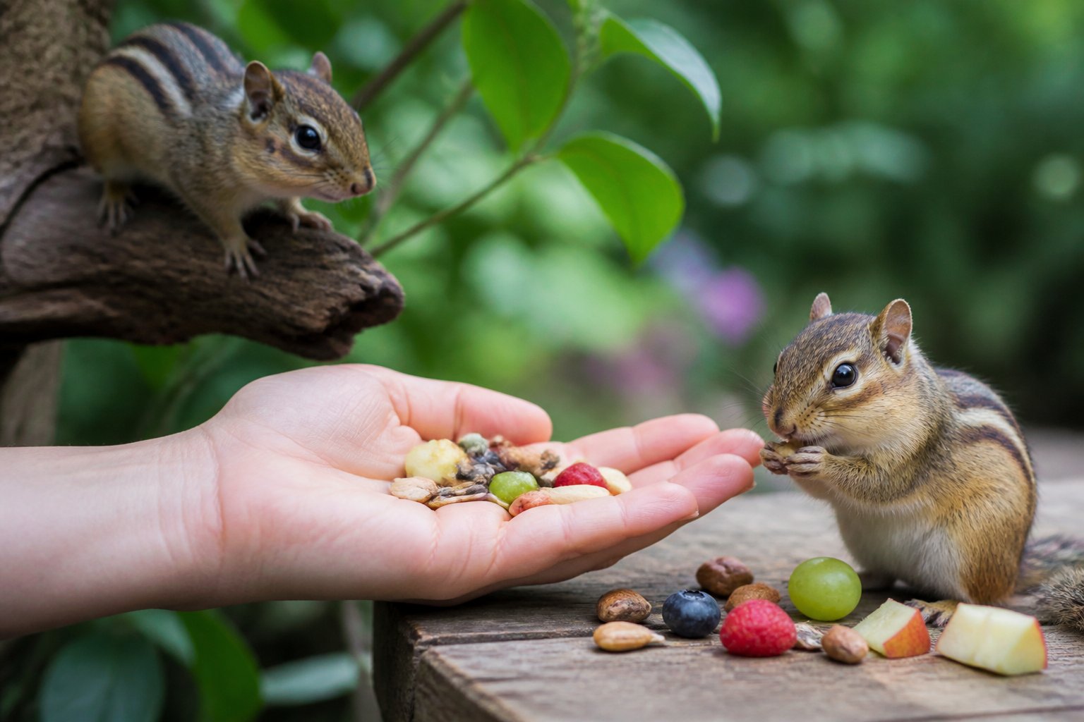 A person feeding a wild chipmunk and a pet chipmunk with seeds and fruit outdoors in a green natural setting.