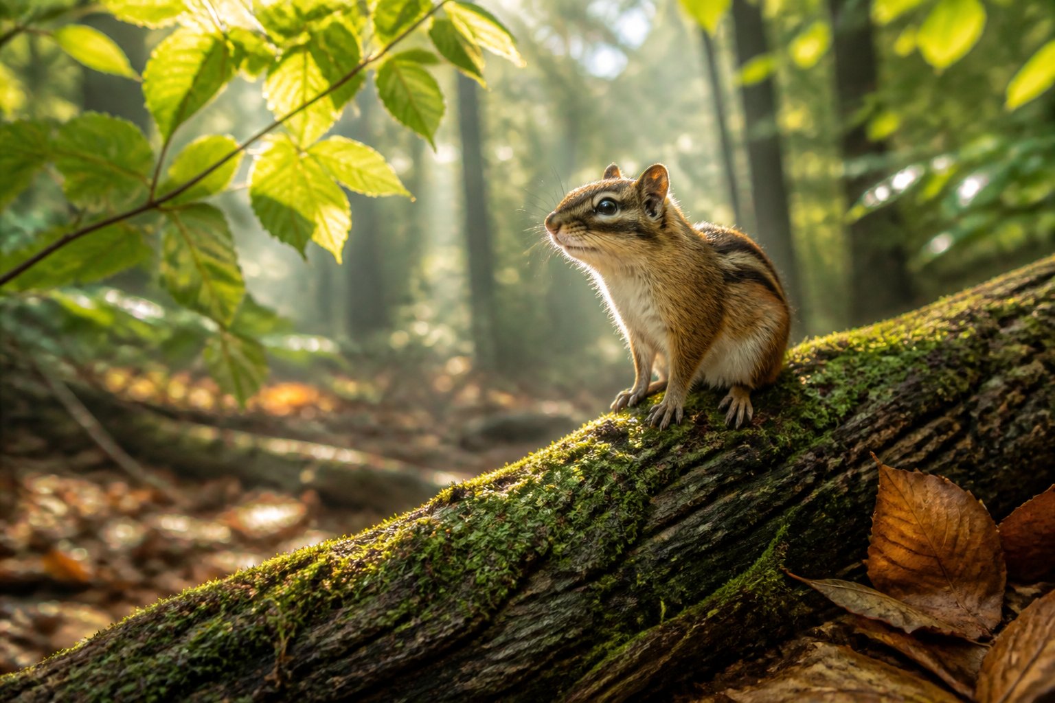 A chipmunk sitting on a mossy tree branch in a sunlit forest with green leaves and autumn leaves on the ground.