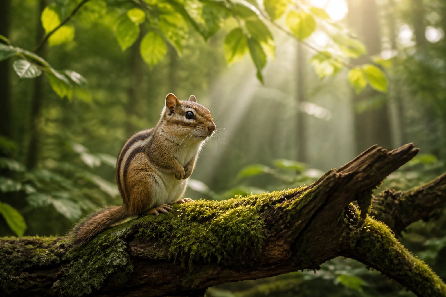 A chipmunk sitting on a mossy tree branch in a sunlit forest.