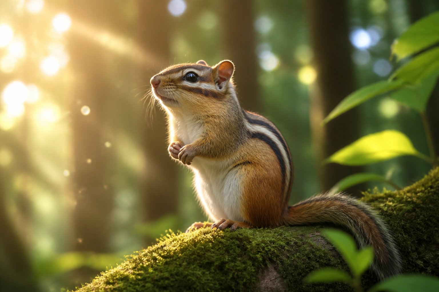 A chipmunk sitting on a mossy tree branch in a sunlit forest with soft light around it.