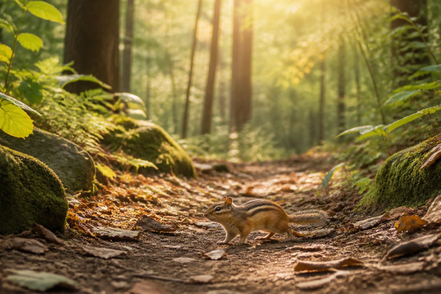 A chipmunk crossing a forest path surrounded by green plants and trees in soft sunlight.