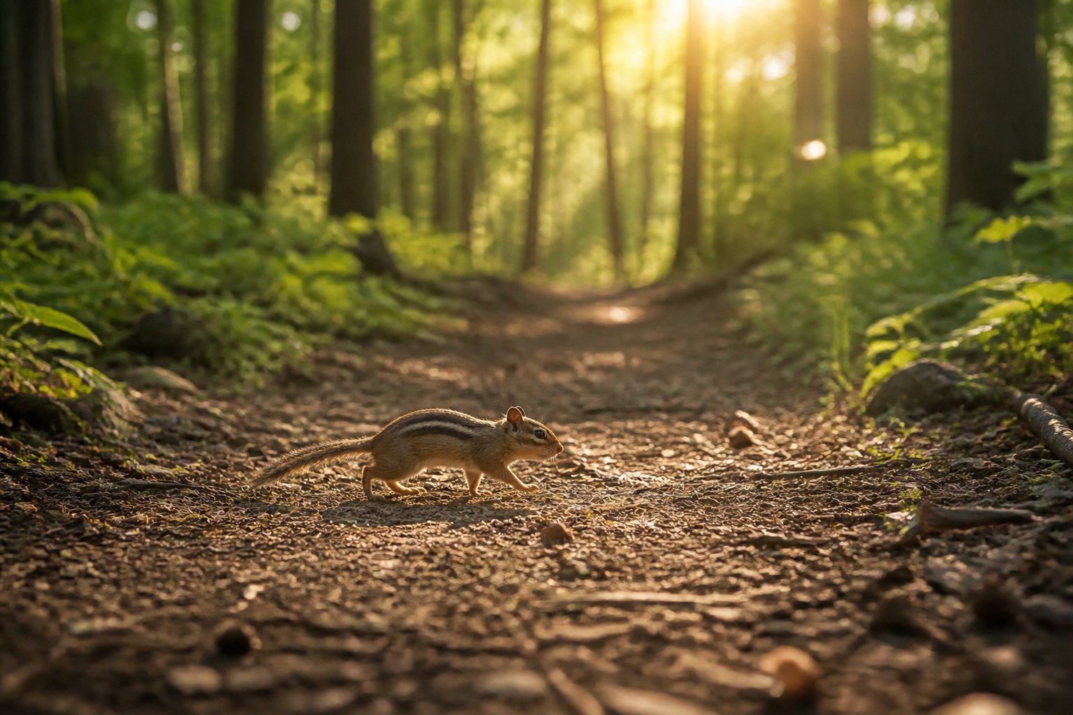 A chipmunk crossing a forest path surrounded by green trees and soft sunlight.