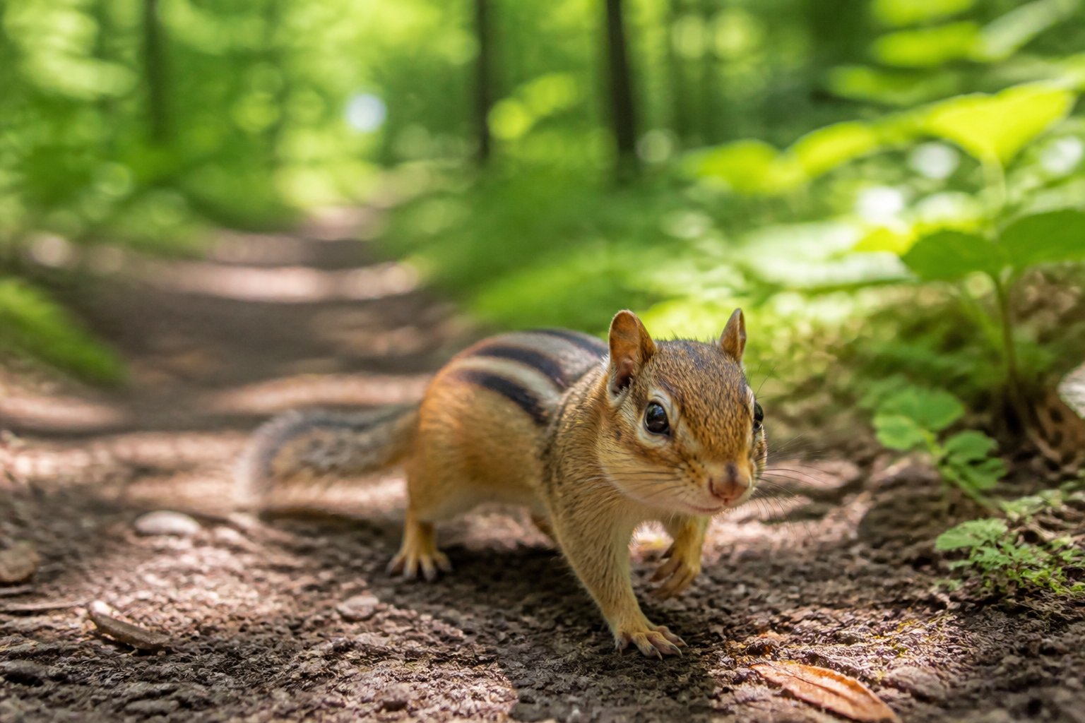 A chipmunk crossing a forest path surrounded by green plants and sunlight.