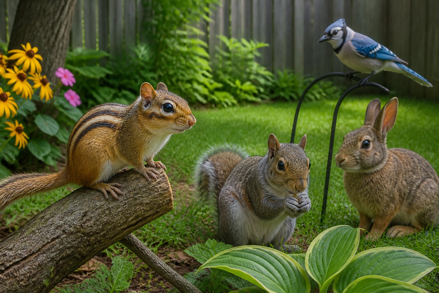 A chipmunk sitting on a branch in a backyard with a squirrel, rabbit, and bird nearby.