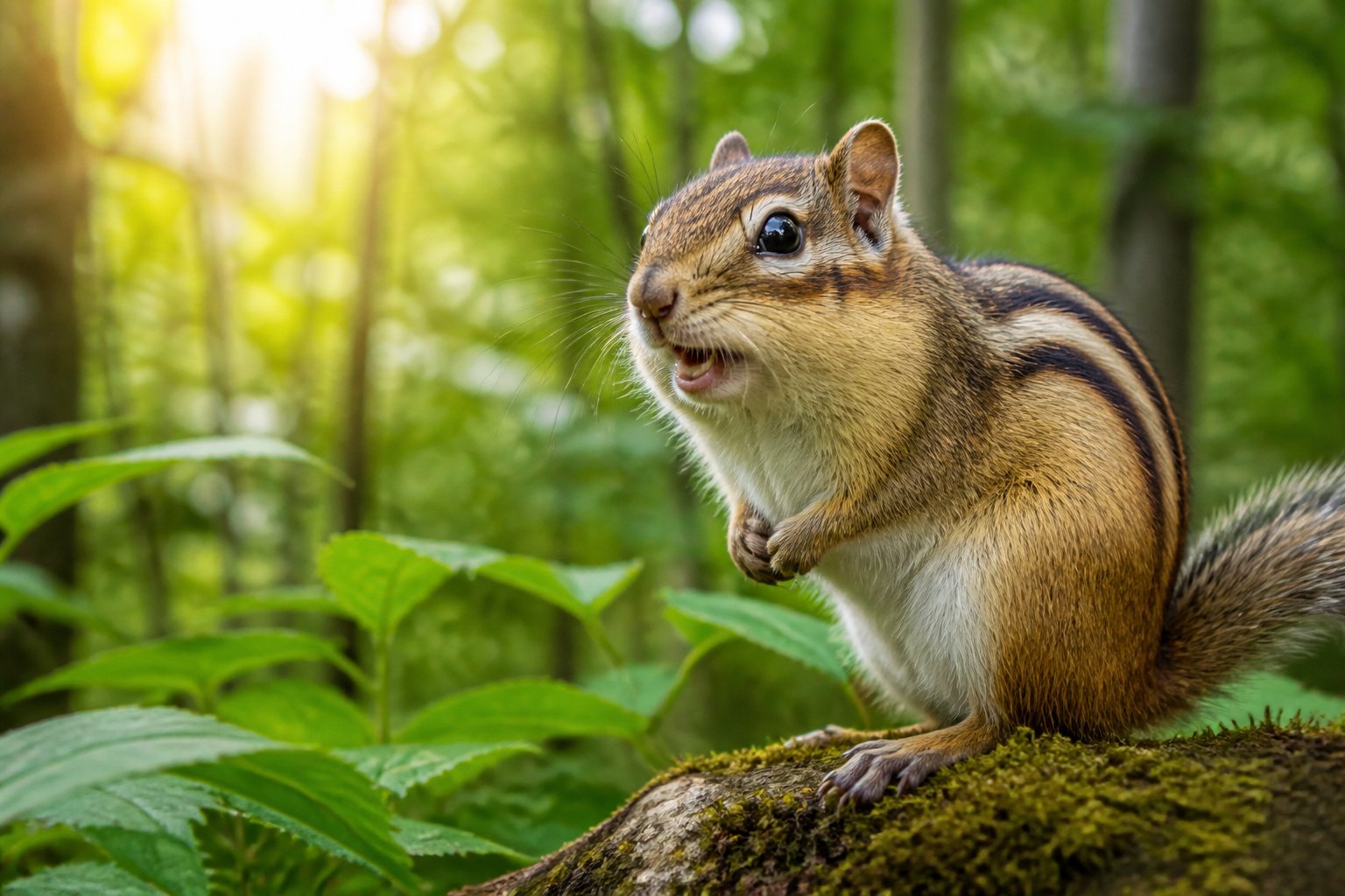 A chipmunk perched on a tree branch in a green forest setting, appearing to make a sound.