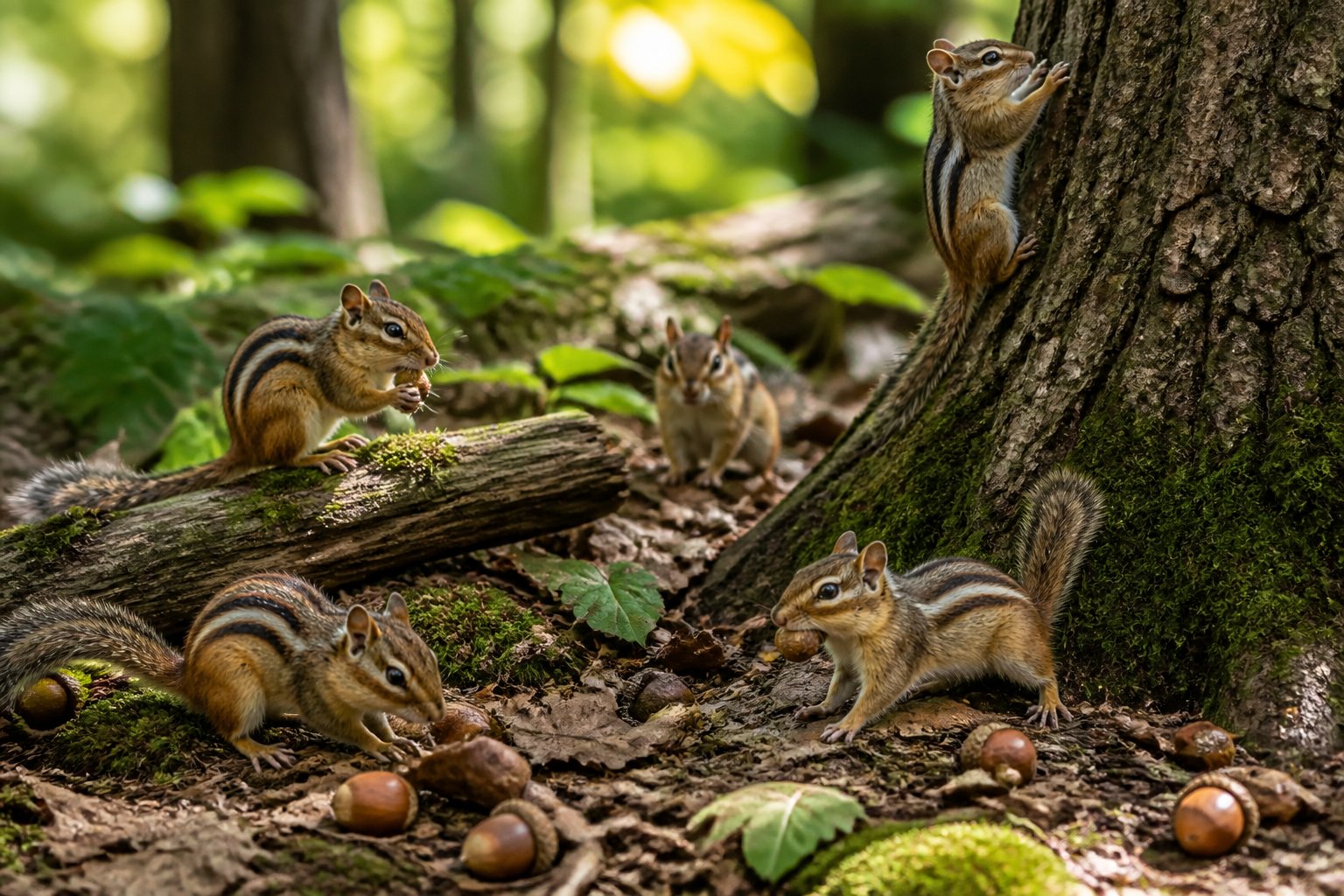 Several chipmunks foraging and climbing in a sunlit forest with green trees and fallen leaves.