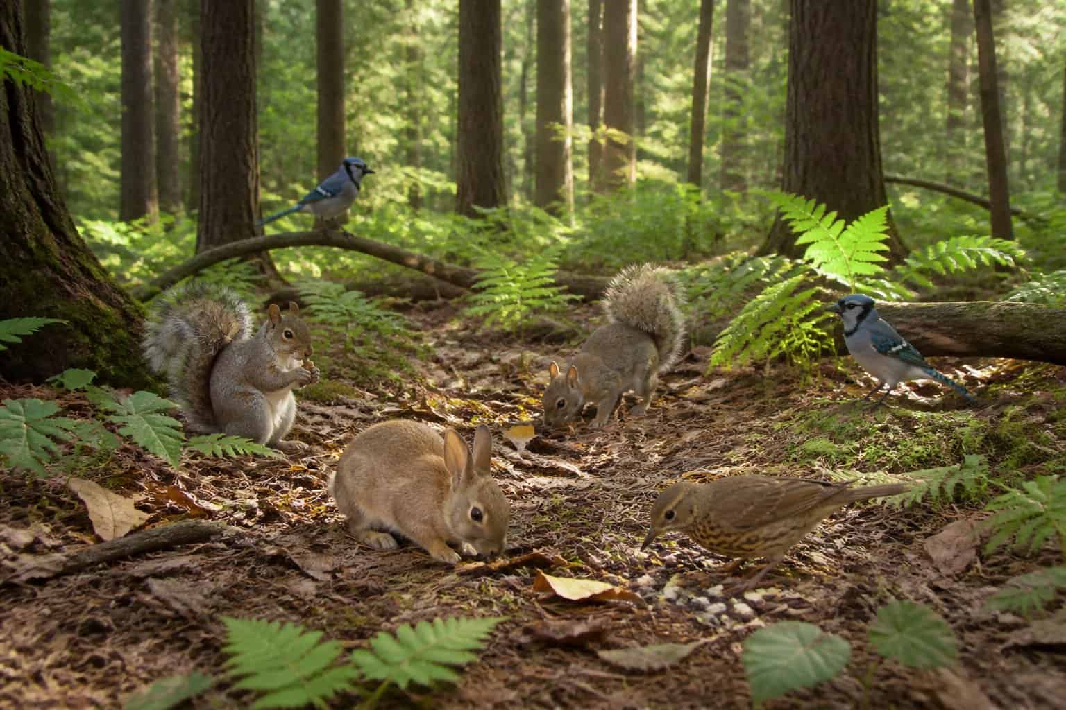 A forest scene showing squirrels, rabbits, and birds foraging on the forest floor among trees and plants.