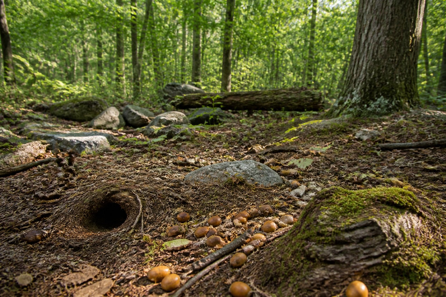 A quiet forest clearing with empty chipmunk burrows and scattered nuts on the ground, surrounded by green trees and fallen leaves.
