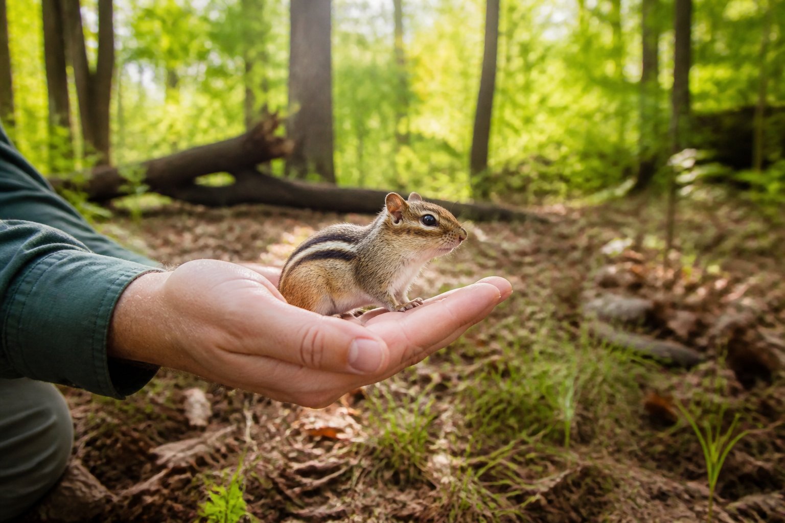 A person releasing a chipmunk into a green forest setting with trees and sunlight.
