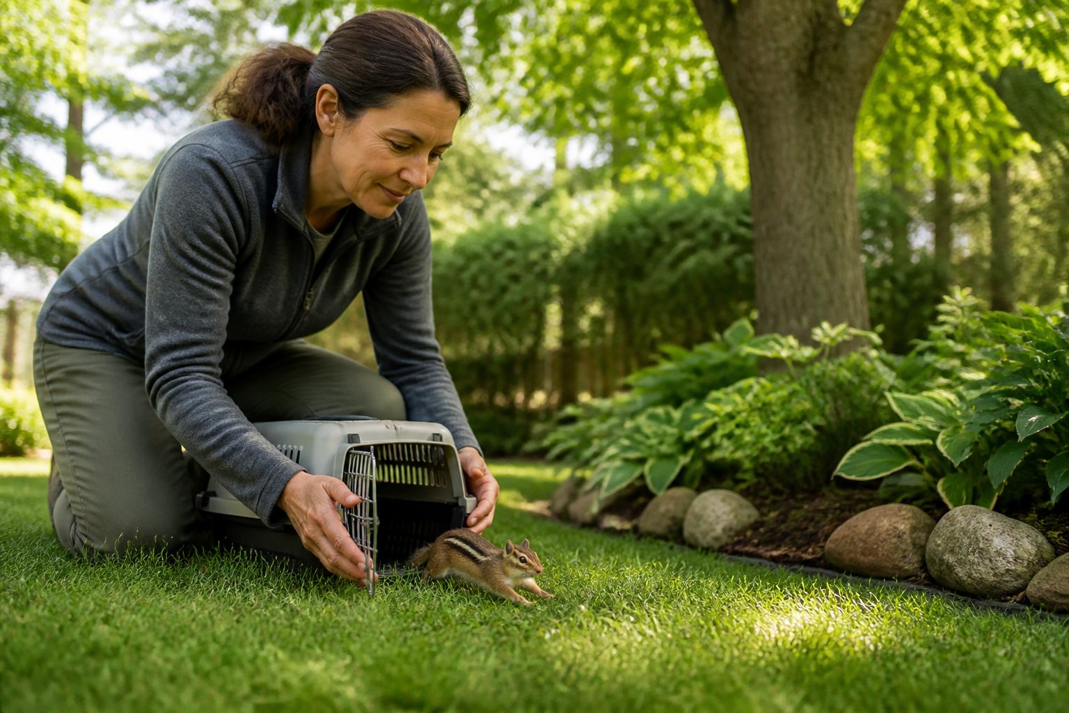 A person gently releasing a chipmunk onto grass near bushes in a sunny backyard.