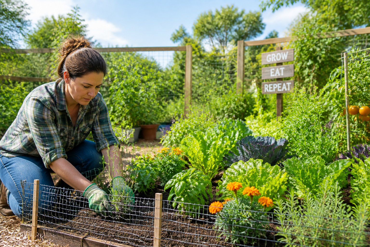 A gardener tending to a vegetable garden with a protective barrier to keep chipmunks out on a sunny day.