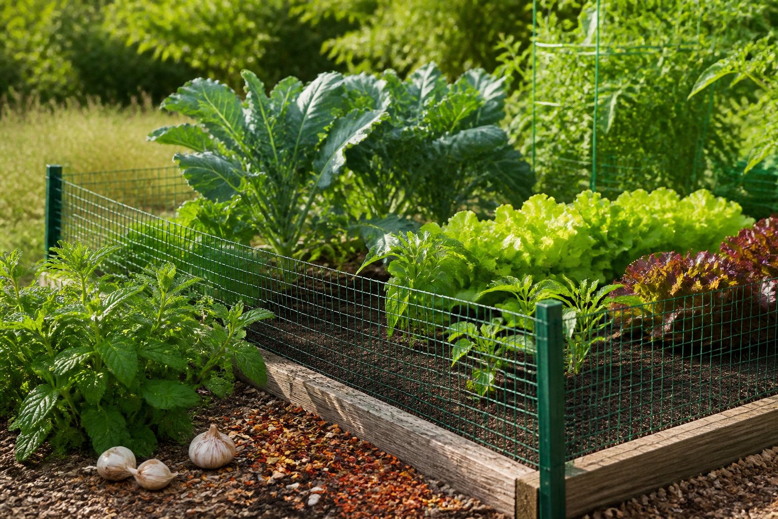 A garden bed with plants and natural barriers to keep chipmunks away on a sunny day.