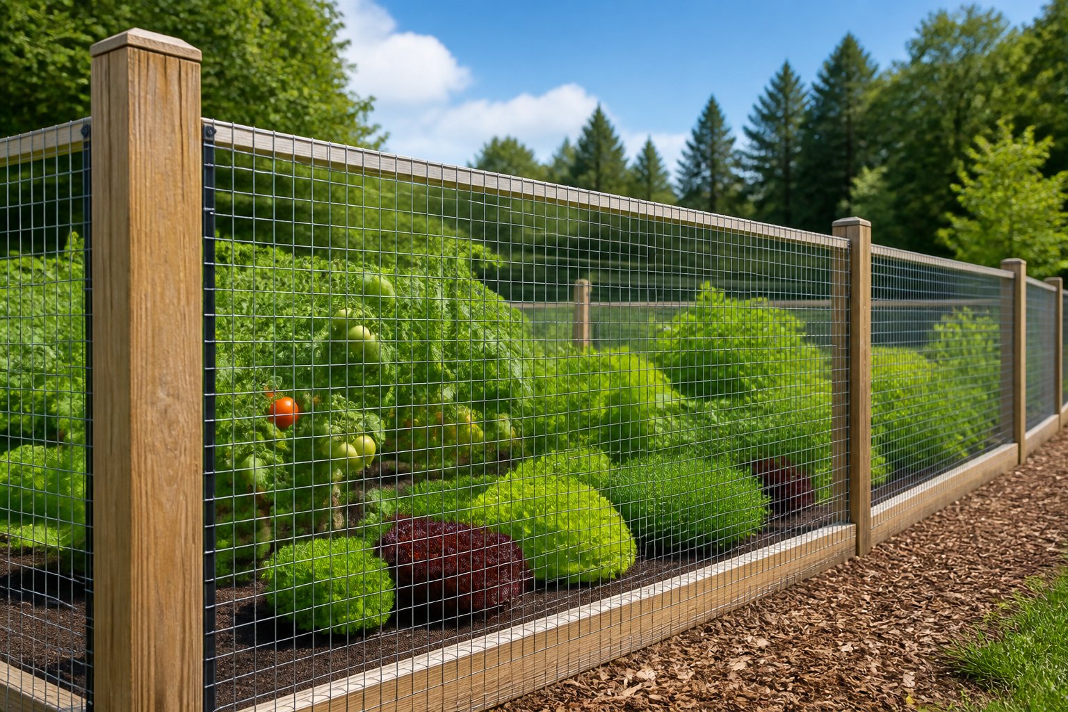 A vegetable garden enclosed by a sturdy wire mesh fence to keep chipmunks out, with green plants and wooden fence posts under a sunny sky.