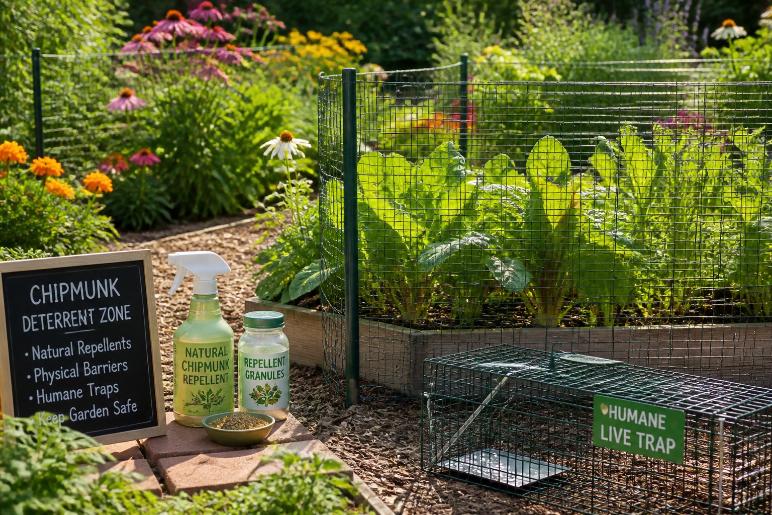 A garden with plants, flowers, vegetable beds, and various traps and barriers set up to deter chipmunks.