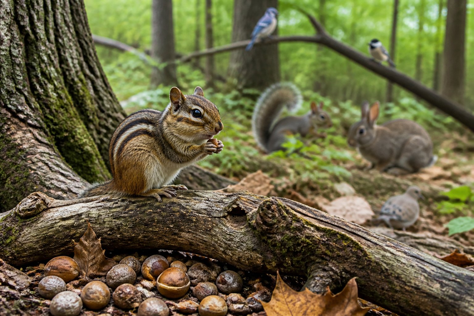 A chipmunk sitting on a tree branch in a forest with other small animals like squirrels and birds in the background.