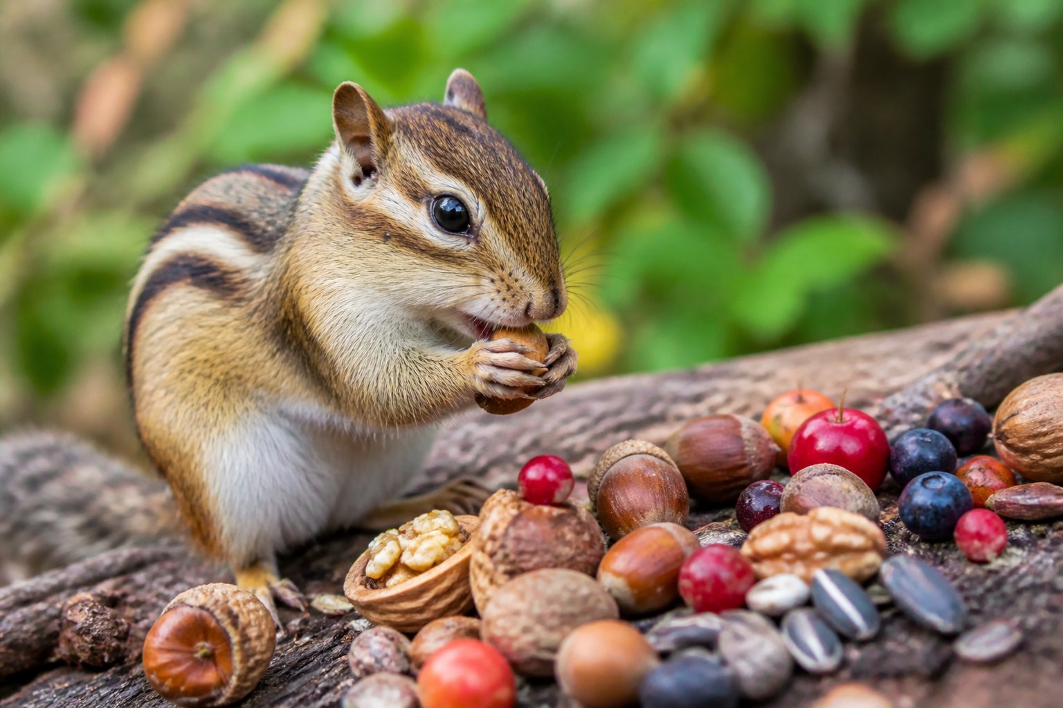 A chipmunk surrounded by nuts, seeds, and berries in a forest setting.