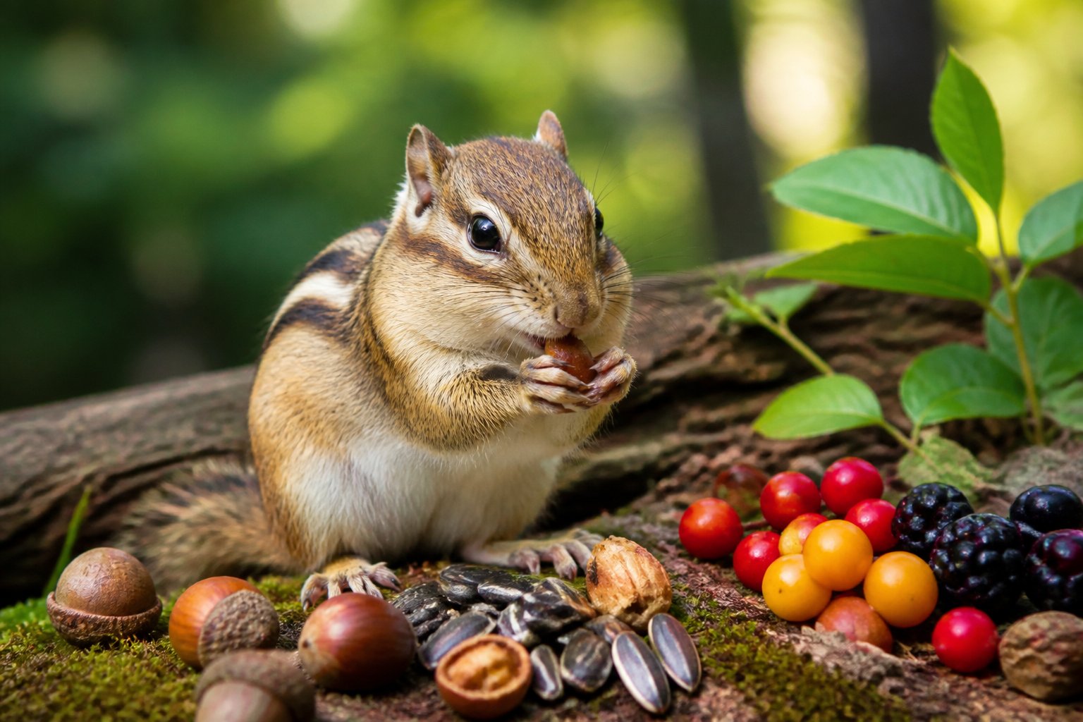 A chipmunk eating a nut surrounded by acorns, seeds, and berries in a forest setting.