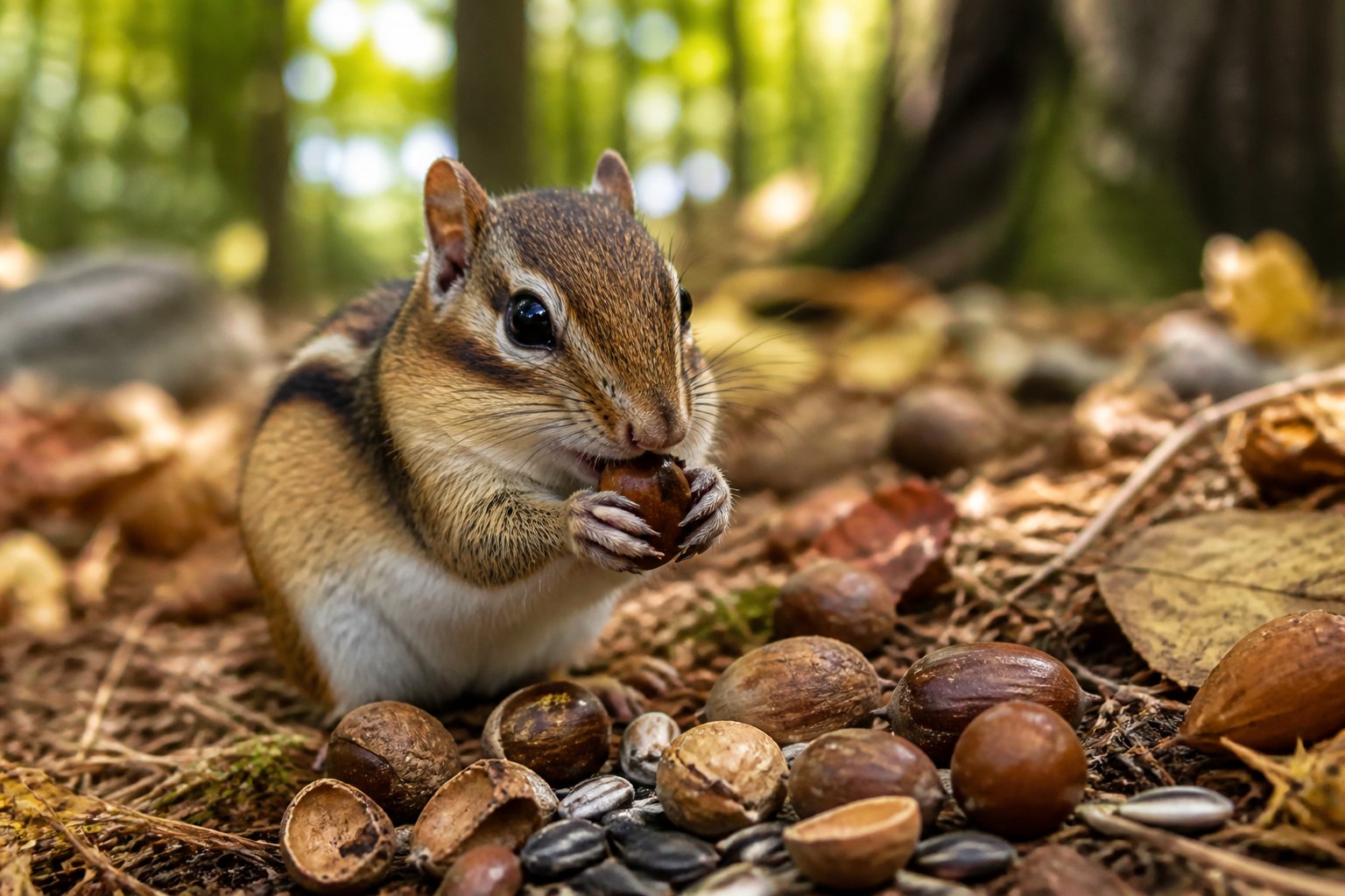 A chipmunk holding and eating nuts while sitting on the forest floor surrounded by leaves and natural vegetation.