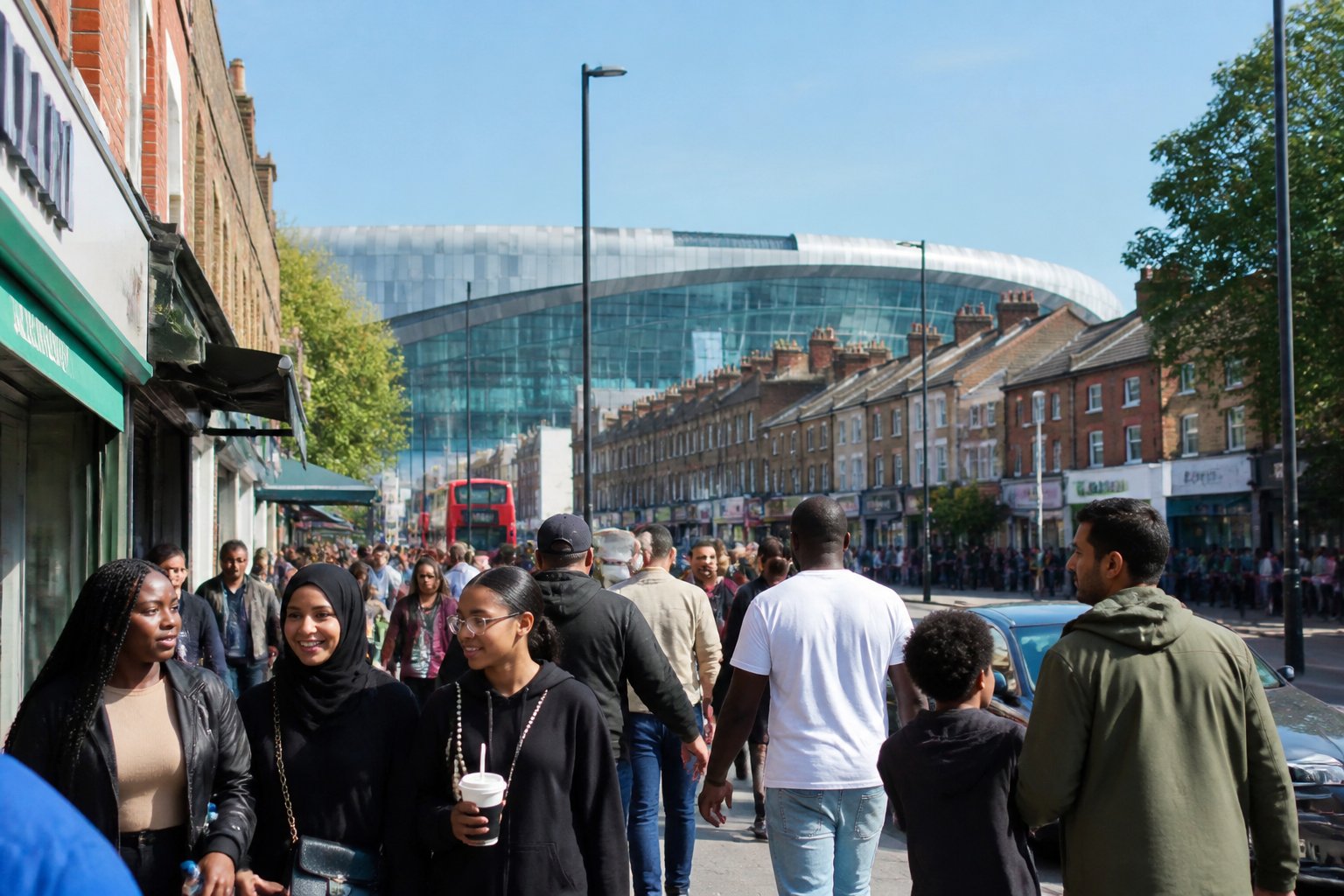 A busy street in Tottenham, North London, with people walking past brick buildings and shops on a clear day.