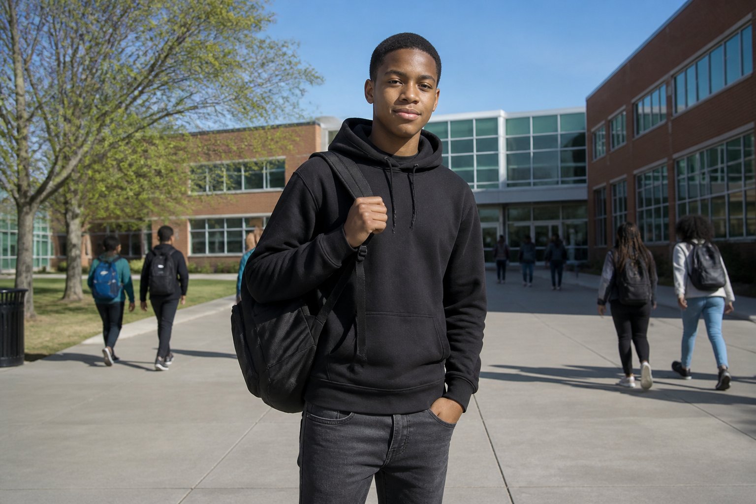 A young Black male teenager standing outside a modern school building holding a backpack, with other students and trees in the background.