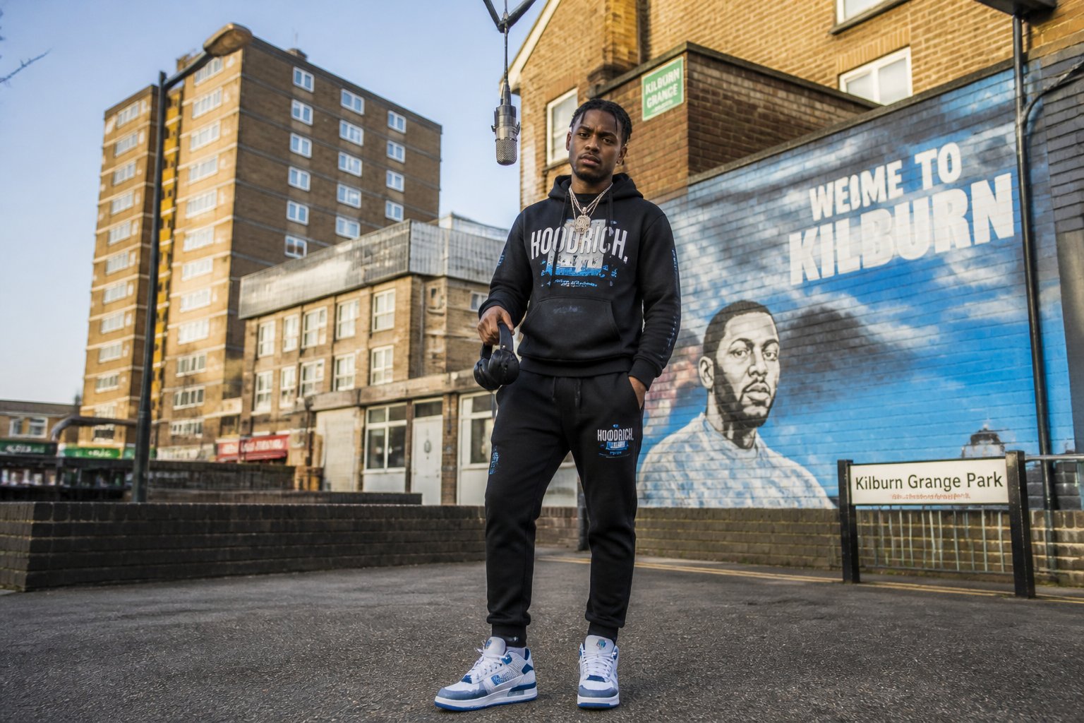 A young Black male rapper standing confidently in an urban neighborhood with brick buildings and street art.